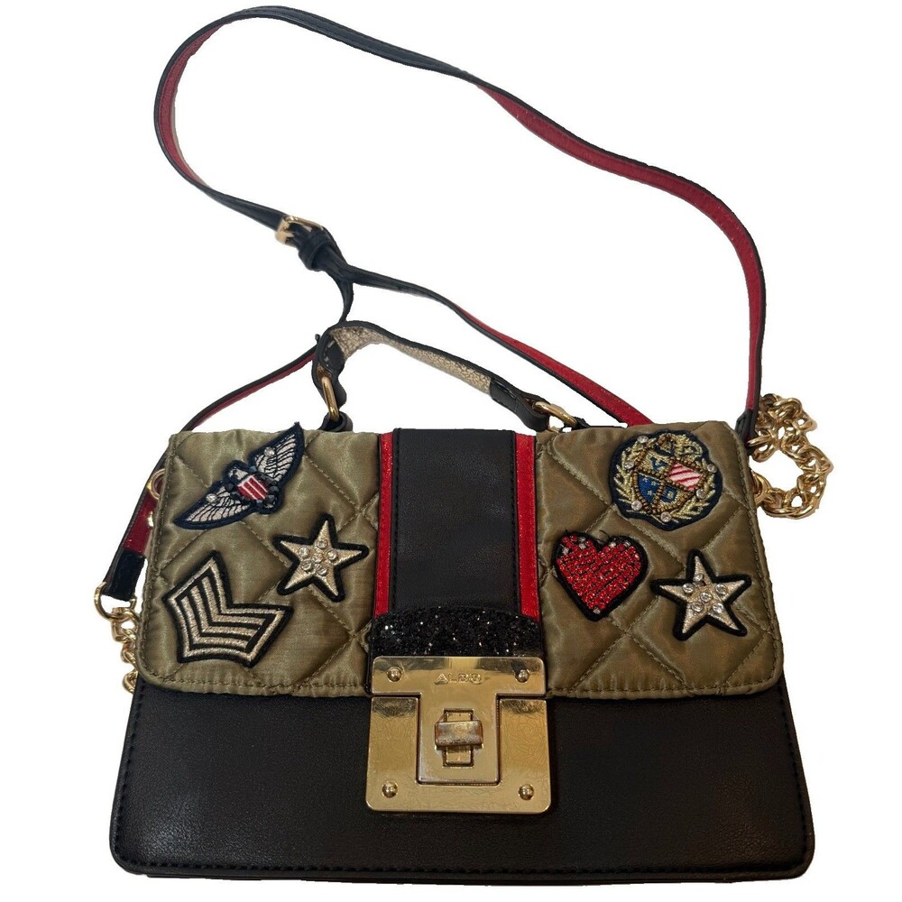 ALDO Military Patch Crossbody Bag Olive Green Black Turn Lock Chain Purse